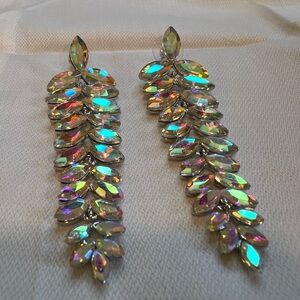 Silver and Iridescent Aurora Borealis Rhinestones Leaf Earrings NWOT